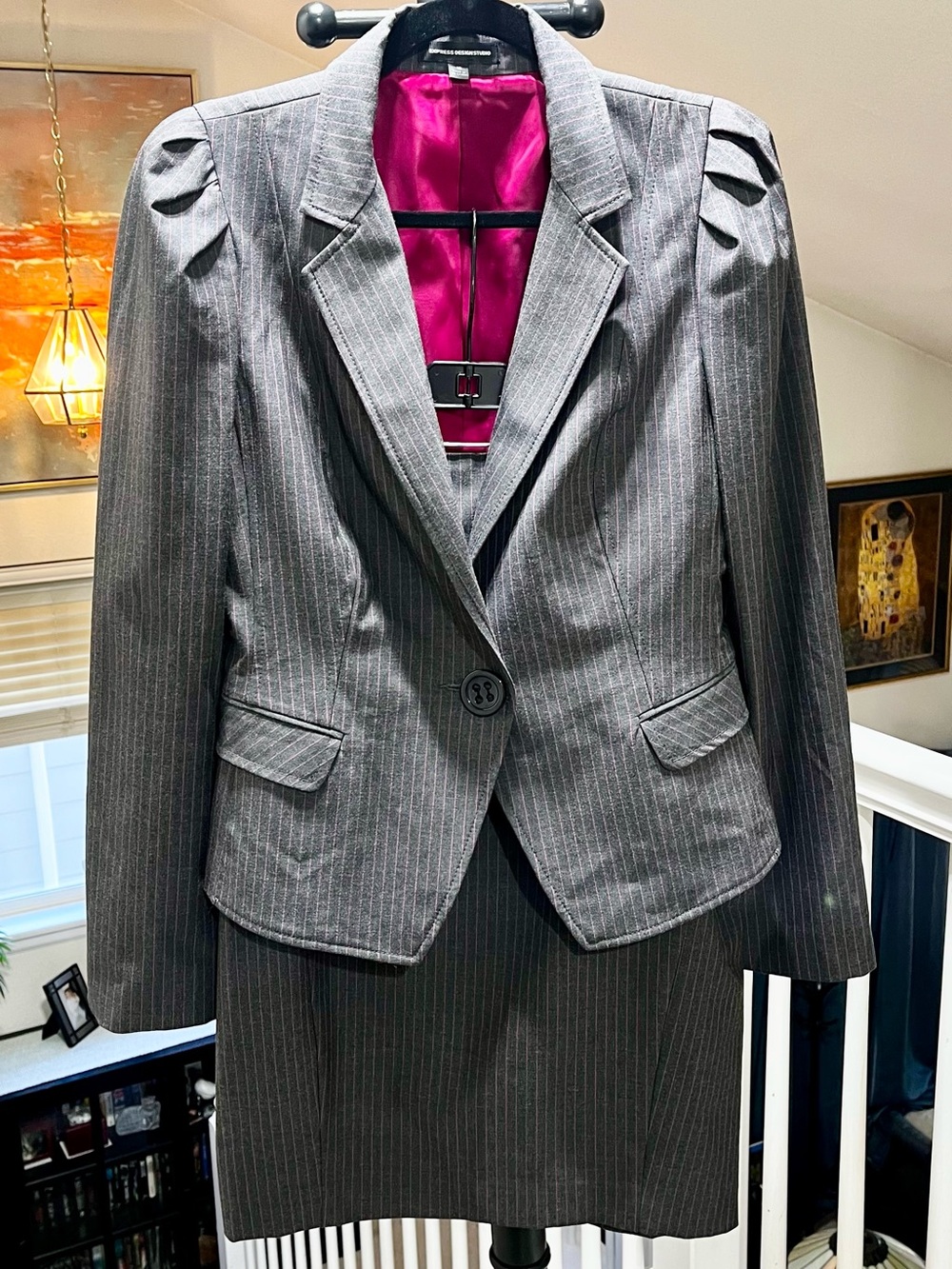 Vintage Y2K Express Pink/Gray Pinstripe Blazer And Skirt Set Size 10